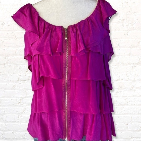 🎁 3 for $30 Bellatrix Fuchsia Silk Ruffled Top With Front Zipper - Picture 2 of 7